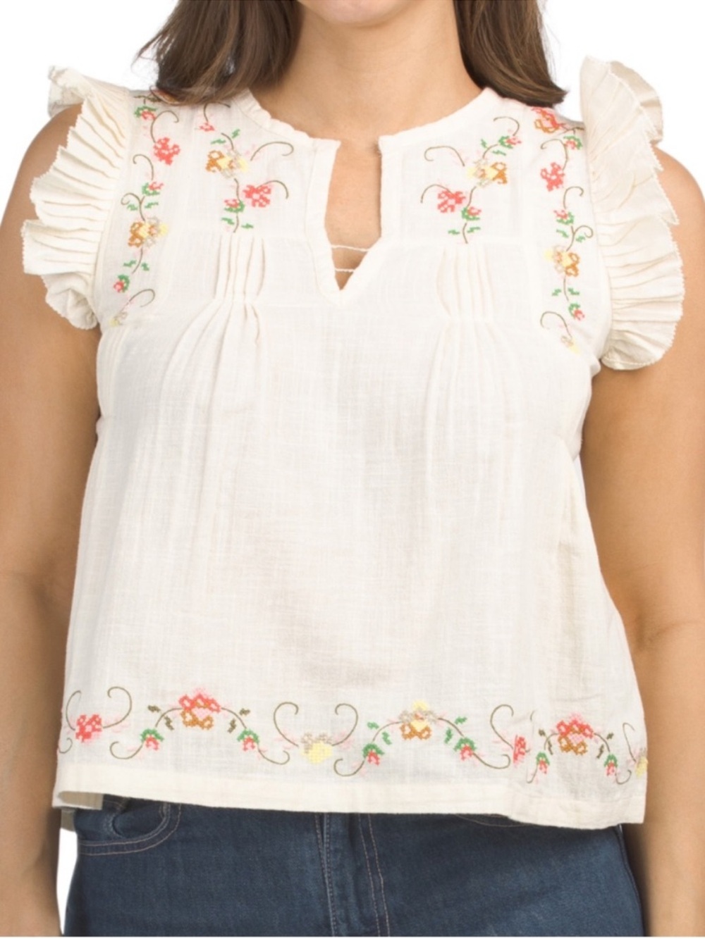 Jennifer & Grace Women’s Large Embroidered Floral Ruffle Sleeve Blouse NWT
